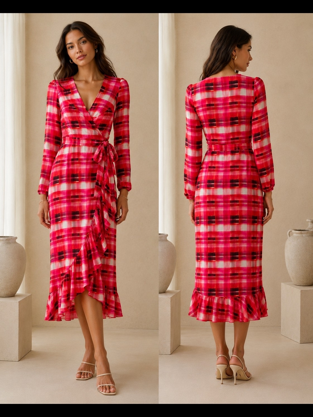 Women's Pink Plaid Wrap Midi Dress with Ruffle Hem